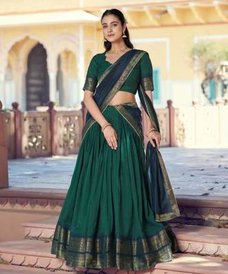 green cotton poly woven traditional lehenga choli 1