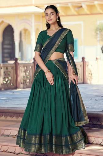 green cotton poly woven traditional lehenga choli