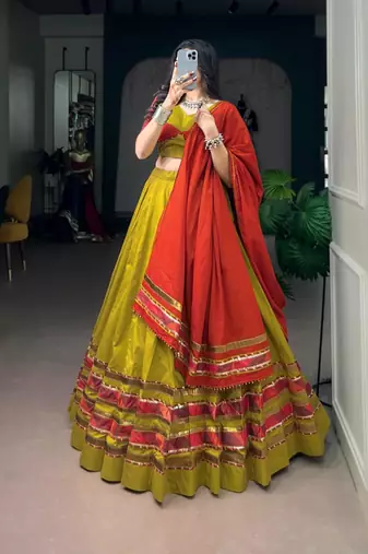 dark yellow cotton poly embroidered traditional lehenga choli upto 42