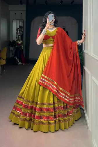 dark yellow cotton poly embroidered traditional lehenga choli upto 42