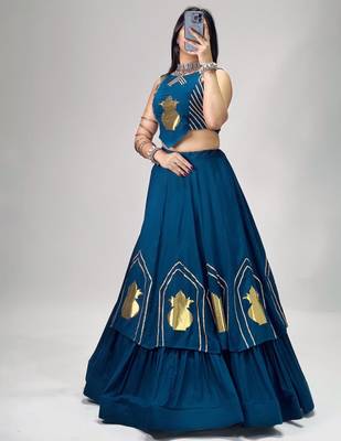 teal blue cotton poly embroidered traditional lehenga choli upto 44 1