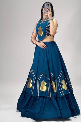 teal blue cotton poly embroidered traditional lehenga choli upto 44