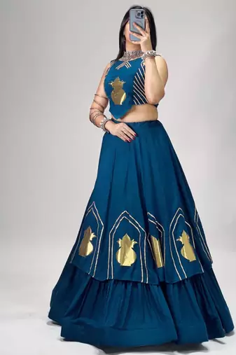 teal blue cotton poly embroidered traditional lehenga choli upto 44