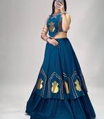 teal blue cotton poly embroidered traditional lehenga choli upto 44