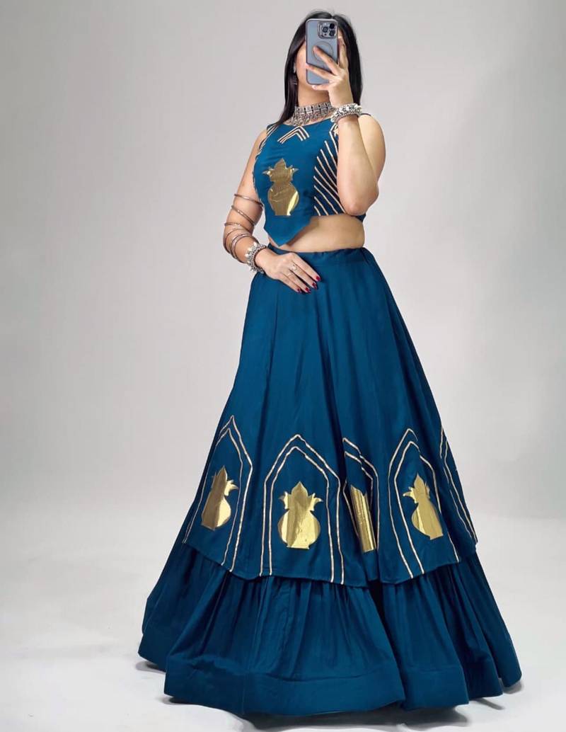 teal blue cotton poly embroidered traditional lehenga choli upto 44