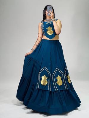 teal blue cotton poly embroidered traditional lehenga choli upto 44 2