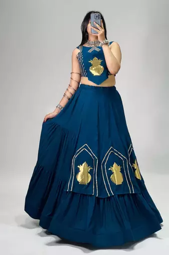 teal blue cotton poly embroidered traditional lehenga choli upto 44