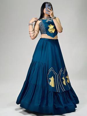 teal blue cotton poly embroidered traditional lehenga choli upto 44 3