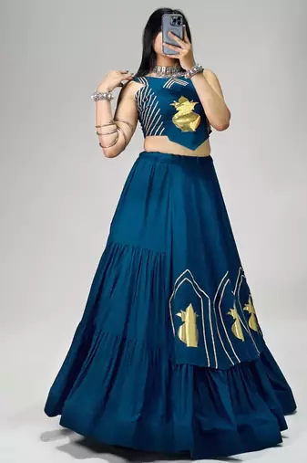 teal blue cotton poly embroidered traditional lehenga choli upto 44