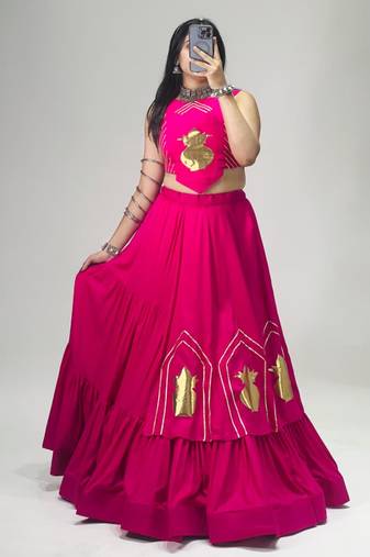 rani pink cotton poly embroidered traditional lehenga choli upto 44
