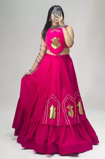 rani pink cotton poly embroidered traditional lehenga choli upto 44