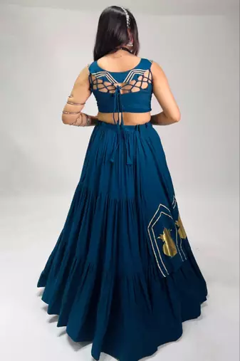 teal blue cotton poly embroidered traditional lehenga choli upto 44