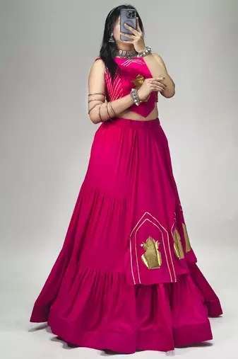 rani pink cotton poly embroidered traditional lehenga choli upto 44