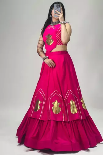 rani pink cotton poly embroidered traditional lehenga choli upto 44