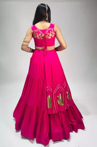 rani pink cotton poly embroidered traditional lehenga choli upto 44