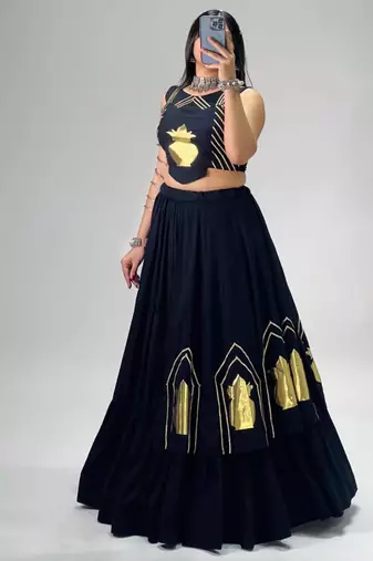 black cotton poly embroidered traditional lehenga choli upto 44