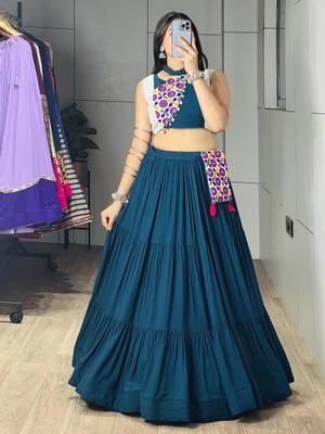 teal blue cotton poly embroidered traditional lehenga choli upto 42 1