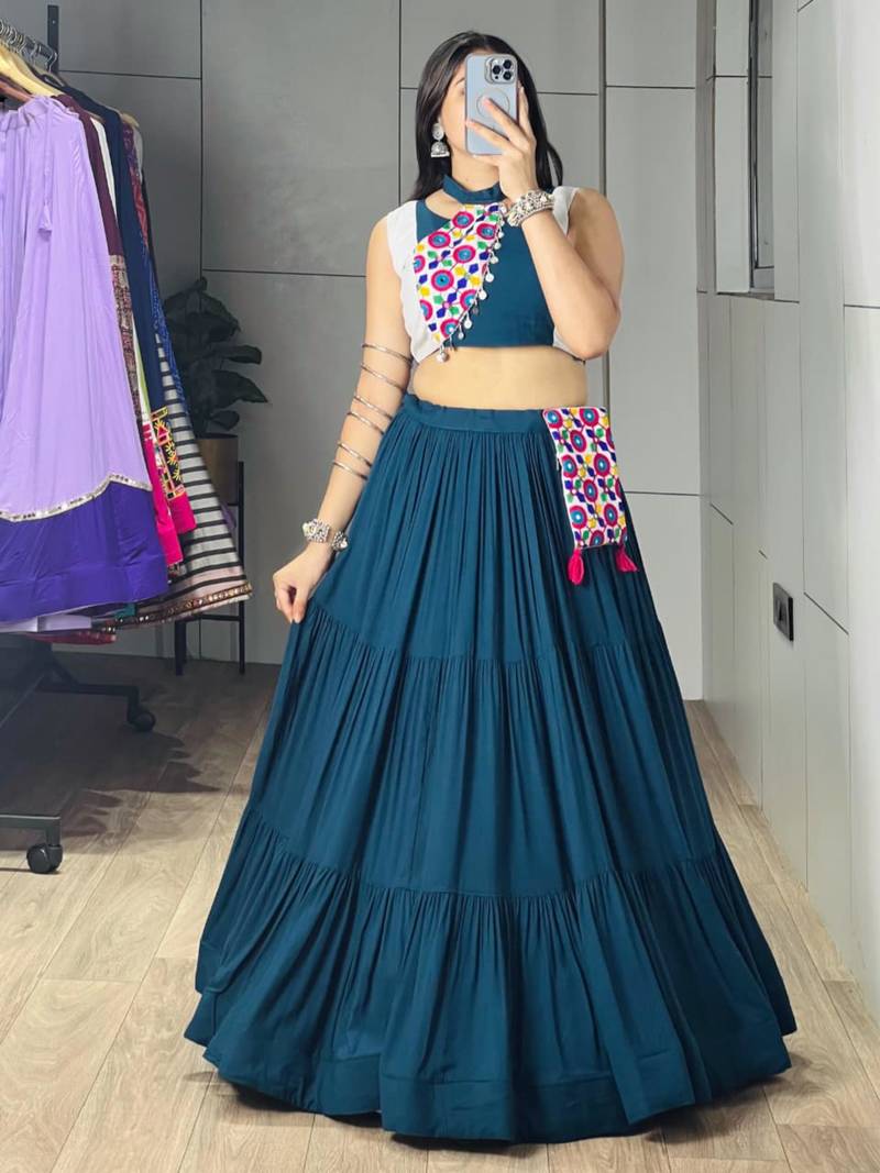 teal blue cotton poly embroidered traditional lehenga choli upto 42