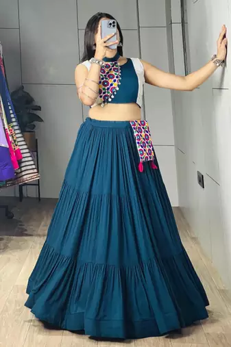 teal blue cotton poly embroidered traditional lehenga choli upto 42