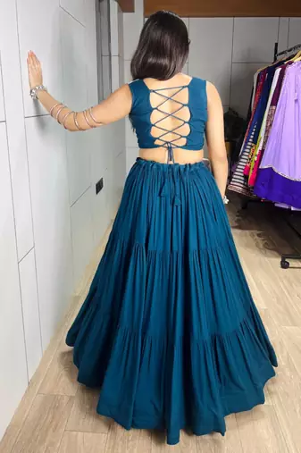 teal blue cotton poly embroidered traditional lehenga choli upto 42