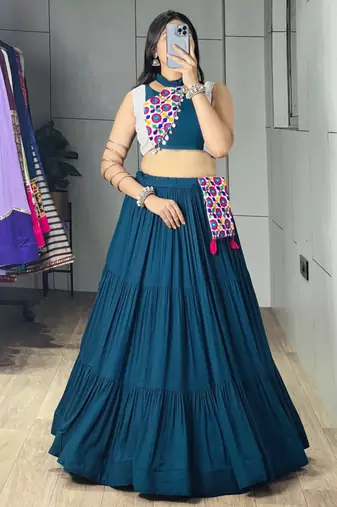 teal blue cotton poly embroidered traditional lehenga choli upto 42