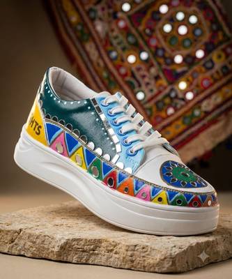 Blue hand painted artificial leather sneakers 1