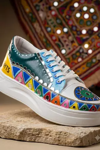 Blue hand painted artificial leather sneakers