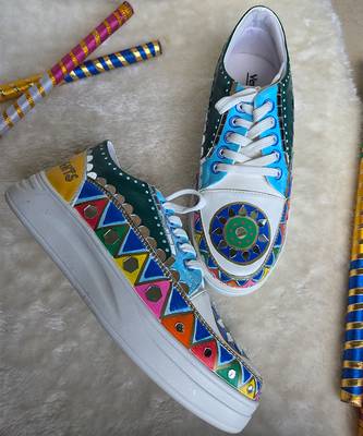 Blue hand painted artificial leather sneakers 2