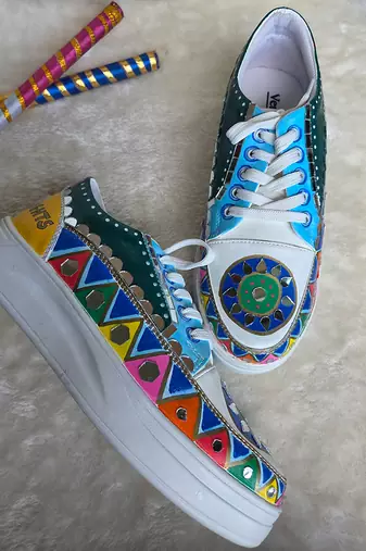 Blue hand painted artificial leather sneakers