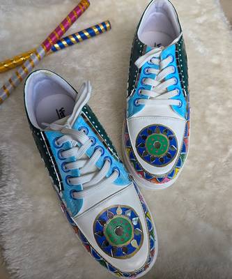 Blue hand painted artificial leather sneakers 3