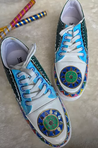 Blue hand painted artificial leather sneakers