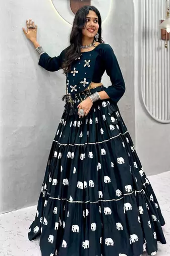 black cotton poly embroidered traditional lehenga choli upto 44