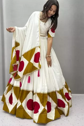 white cotton poly embroidered traditional lehenga choli upto 44
