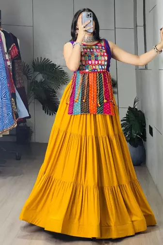 dark yellow cotton poly plain traditional lehenga choli upto 44