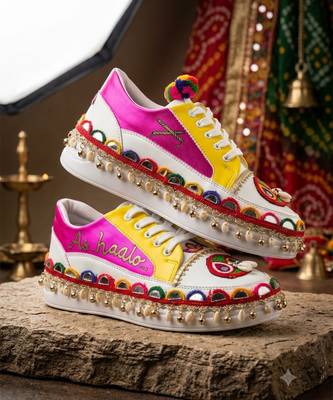 Pink and yellow printed artificial leather sneakers 1