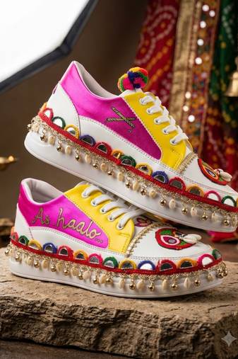 Pink and yellow printed artificial leather sneakers