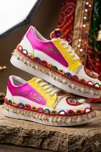 Pink and yellow printed artificial leather sneakers