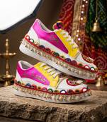Pink and yellow printed artificial leather sneakers