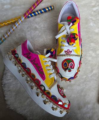 Pink and yellow printed artificial leather sneakers 2