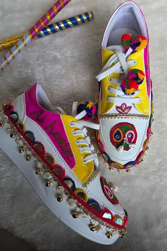 Pink and yellow printed artificial leather sneakers