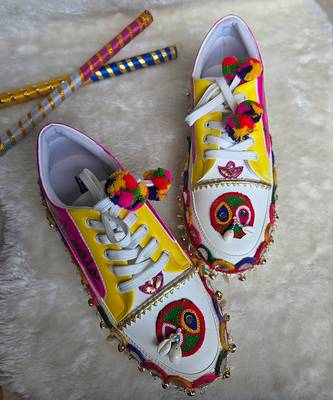Pink and yellow printed artificial leather sneakers 3