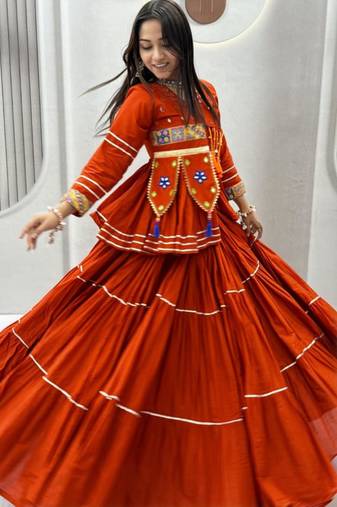 orange cotton poly embroidered traditional lehenga choli upto 44