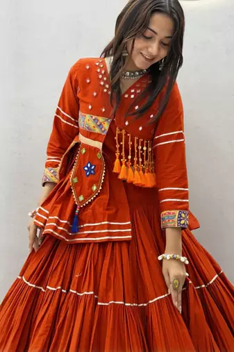 orange cotton poly embroidered traditional lehenga choli upto 44
