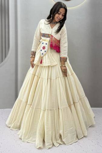off white cotton poly embroidered traditional lehenga choli upto 44