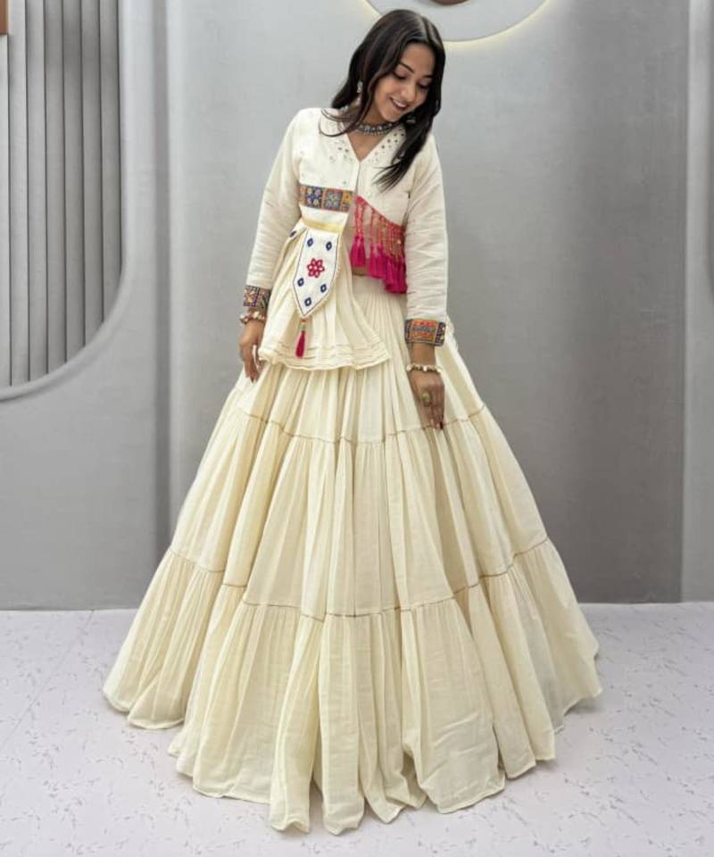 off white cotton poly embroidered traditional lehenga choli upto 44