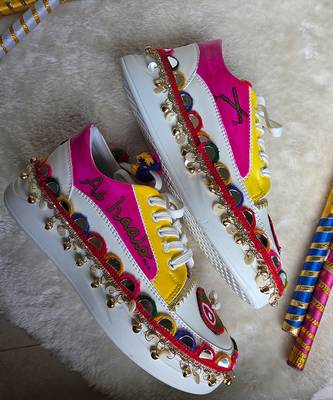 Pink and yellow printed artificial leather sneakers 4