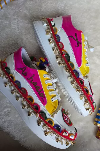Pink and yellow printed artificial leather sneakers