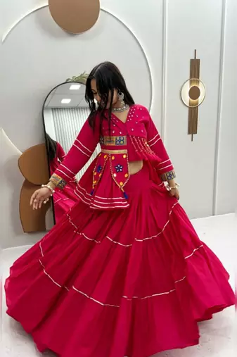 rani pink cotton poly embroidered traditional lehenga choli upto 44