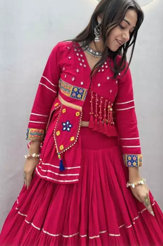 rani pink cotton poly embroidered traditional lehenga choli upto 44