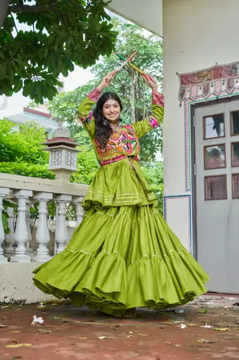 green cotton poly embroidered traditional lehenga choli upto 44